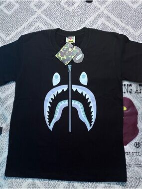 Bape Black Tee with Light Blue Shark Face Graphic Size Medium